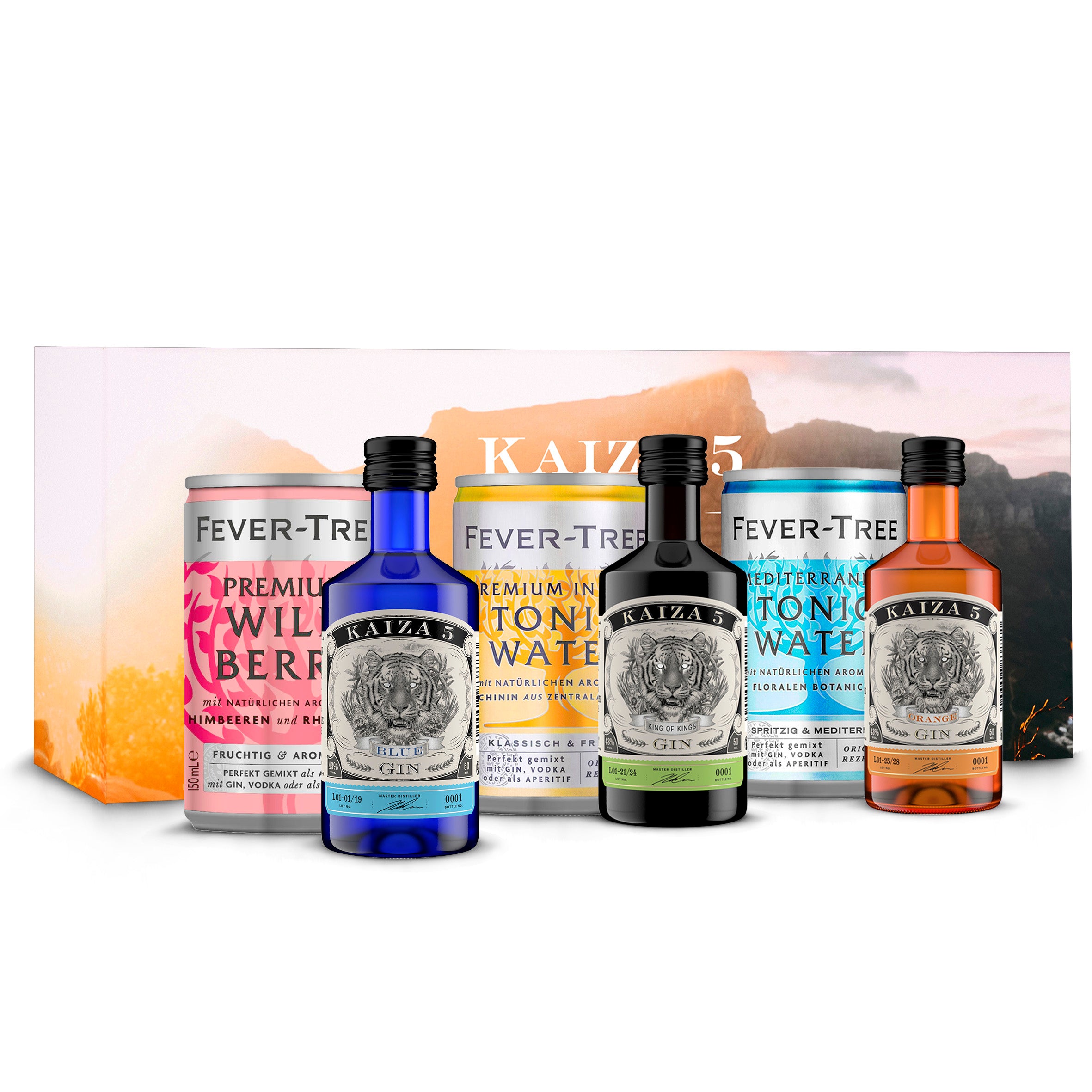 KAIZA 5 GIN - Tastingset 3x 0,05 l - 43% | KAIZA 5 ORIGINAL, BLUE und ORANGE | 3x passendes Tonic Water in der Dose 150 ml