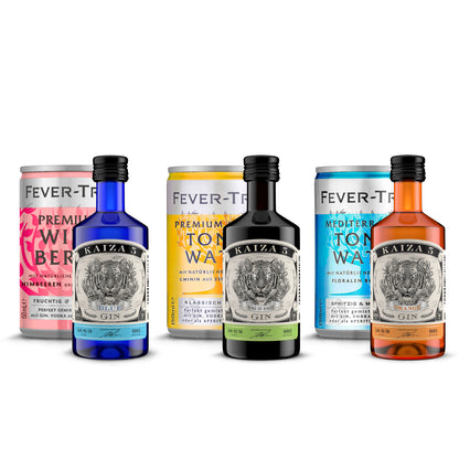 KAIZA 5 GIN - Tastingset 3x 0,05 l - 43% | KAIZA 5 ORIGINAL, BLUE und ORANGE | 3x passendes Tonic Water in der Dose 150 ml